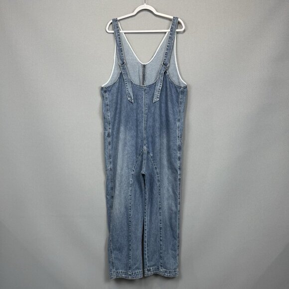 We The Free People High Roller Jumpsuit Womens L Blue Denim Pull On Relaxed Crop - Picture 2 of 10